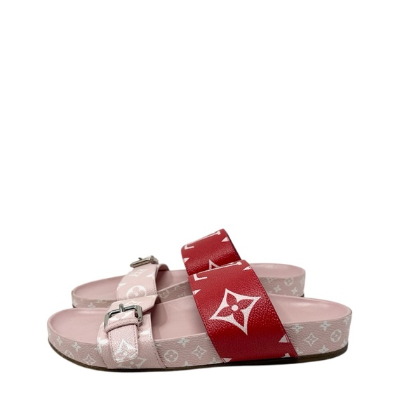Louis Vuitton Bom Dia Monogram Canvas Flat Slide Sandals Pink Red Size 37 - Picture 5 of 12